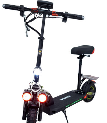 VLRA C6 electric scooter with powerful motor, comfortable seat, wide deck, LED headlight, and sleek black commuter design