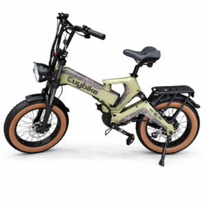Euybike K6 folding electric bike with fat tires and rear rack in olive green on white background