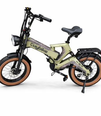 Euybike K6 folding electric bike with fat tires and rear rack in olive green on white background