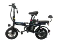 SF 16D VLRA electric bike with compact foldable frame, 48V battery, black finish, padded seat with backrest, LED headlight, and small urban commuter design