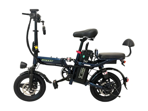 SF -16D E Bike SF 16D VLRA electric bike with compact foldable frame, 48V battery, black finish, padded seat with backrest, LED headlight, and small urban commuter design