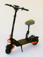 SF-16D Kumax electric scooter with seat, black and orange design, front light, suspension system, and wide deck for comfortable urban riding.