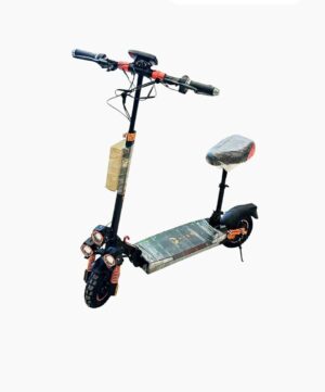 A black VLRA T5 electric scooter with a foldable frame, 10-inch pneumatic tires, front and rear suspension, disc brakes, LED display, and a padded seat, designed for high-speed urban commuting.