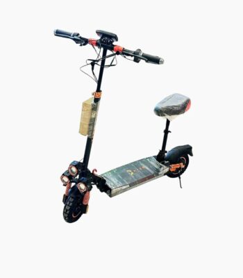 A black VLRA T5 electric scooter with a foldable frame, 10-inch pneumatic tires, front and rear suspension, disc brakes, LED display, and a padded seat, designed for high-speed urban commuting.