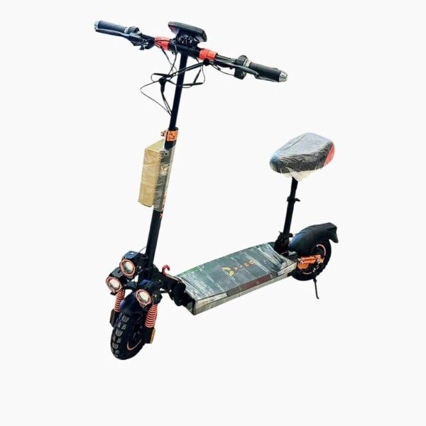 A black VLRA T5 electric scooter with a foldable frame, 10-inch pneumatic tires, front and rear suspension, disc brakes, LED display, and a padded seat, designed for high-speed urban commuting.