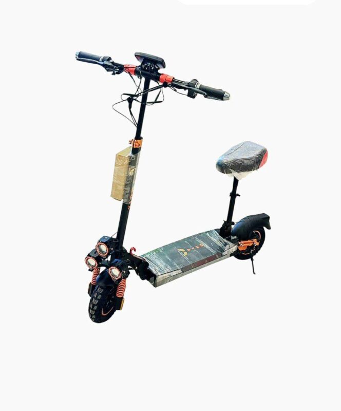 A black VLRA T5 electric scooter with a foldable frame, 10-inch pneumatic tires, front and rear suspension, disc brakes, LED display, and a padded seat, designed for high-speed urban commuting.