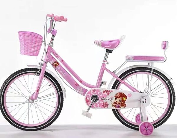 VLRA 18-inch girls bicycle in pink with floral graphics, front basket and rear carrier