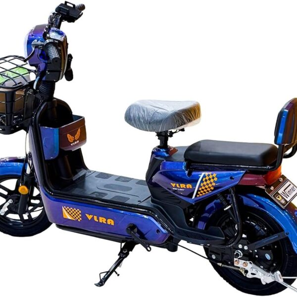 VLRA Super Bike electric scooter in blue with front storage basket, LED headlight, dual seat and shock absorption system.