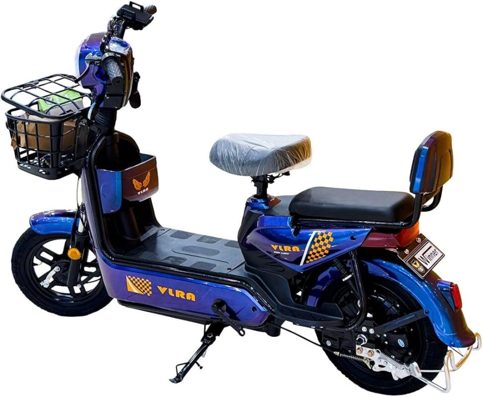 VLRA Super Bike electric scooter in blue with front storage basket, LED headlight, dual seat and shock absorption system.